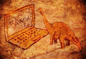 Dinosaur in a cave using the Internet